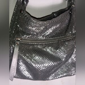 Sondra Roberts Squared shiny faux snakeskin shoulder purse w/ exterior zip pouch